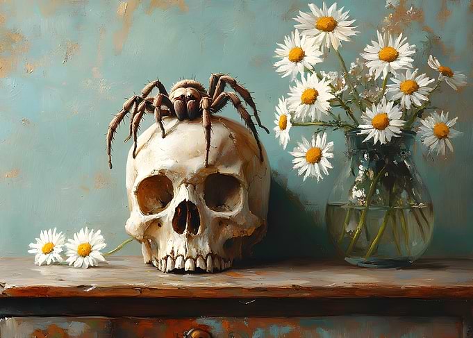 Spider on Skull with Daisies
