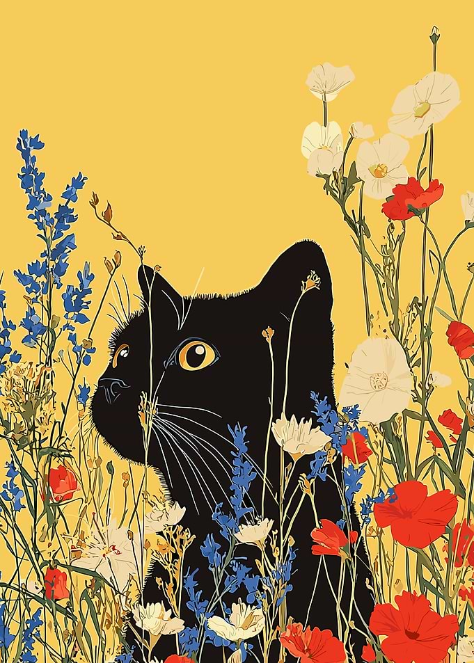 Black Cat in Flowers