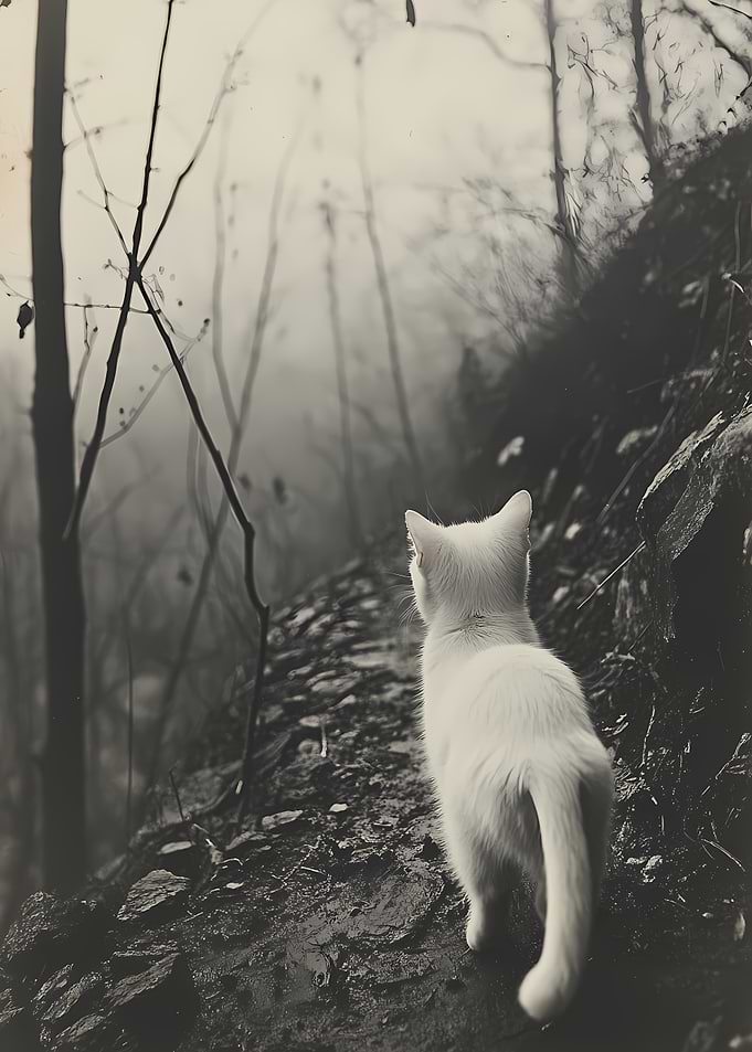 White Cat in Foggy Forest