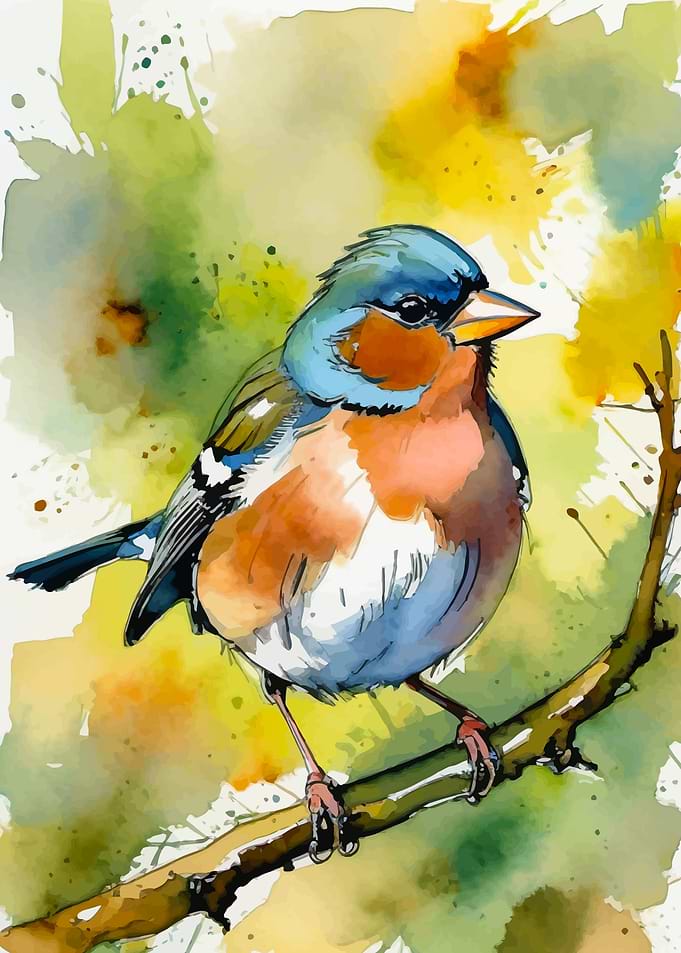 Watercolor Chaffinch Bird on Branch