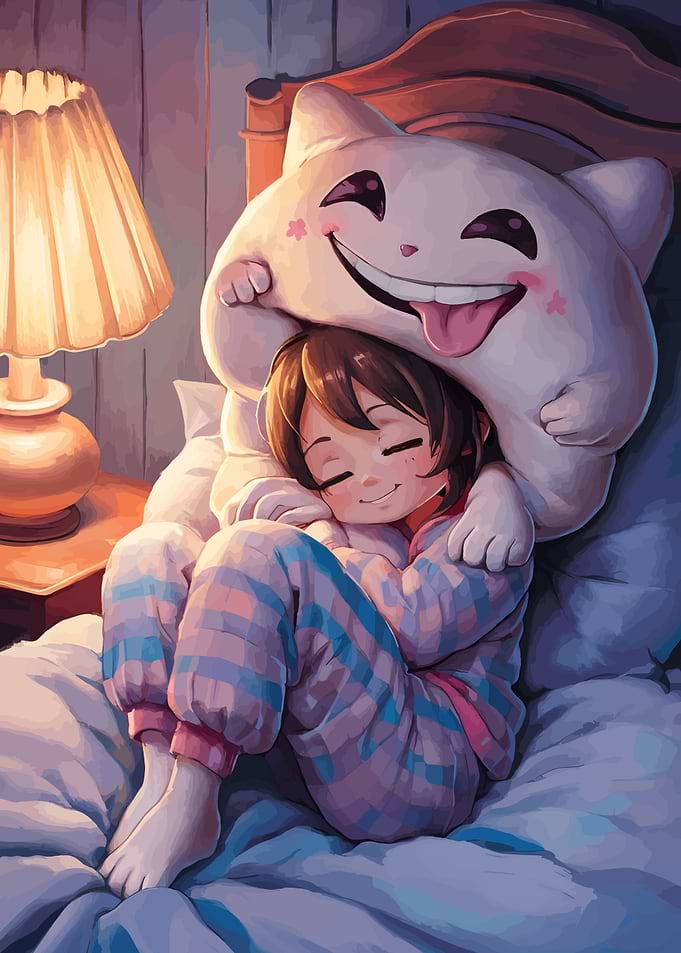 Girl Sleeping with Cat Pillow