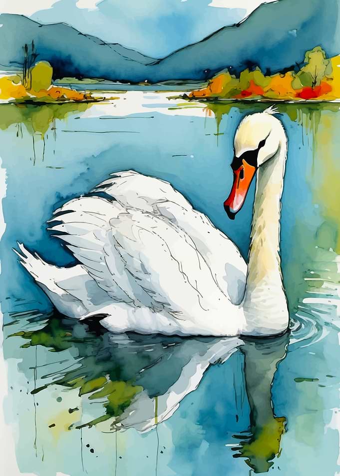 Watercolor Swan on Lake