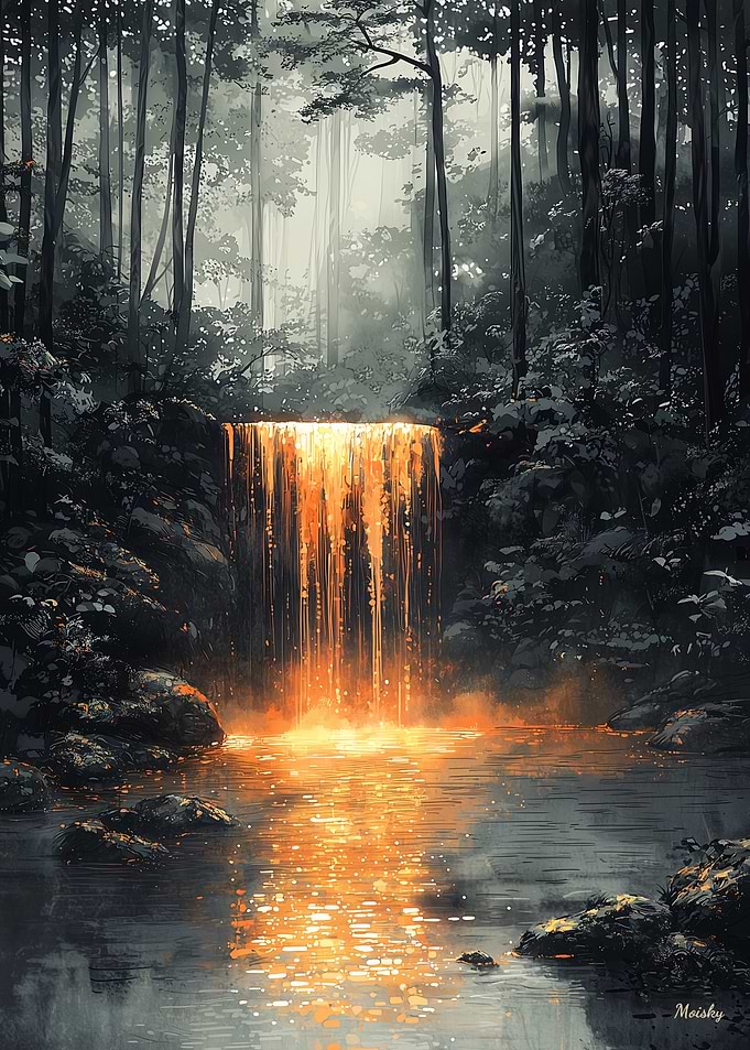 Golden Waterfall in Mystical Forest