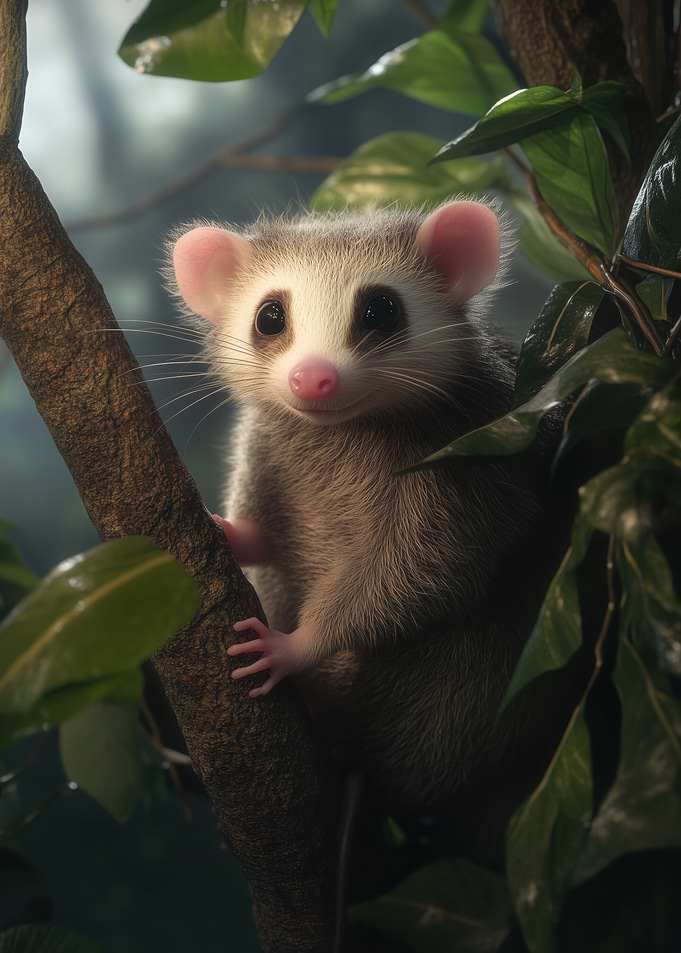 Cute Opossum on Tree Branch