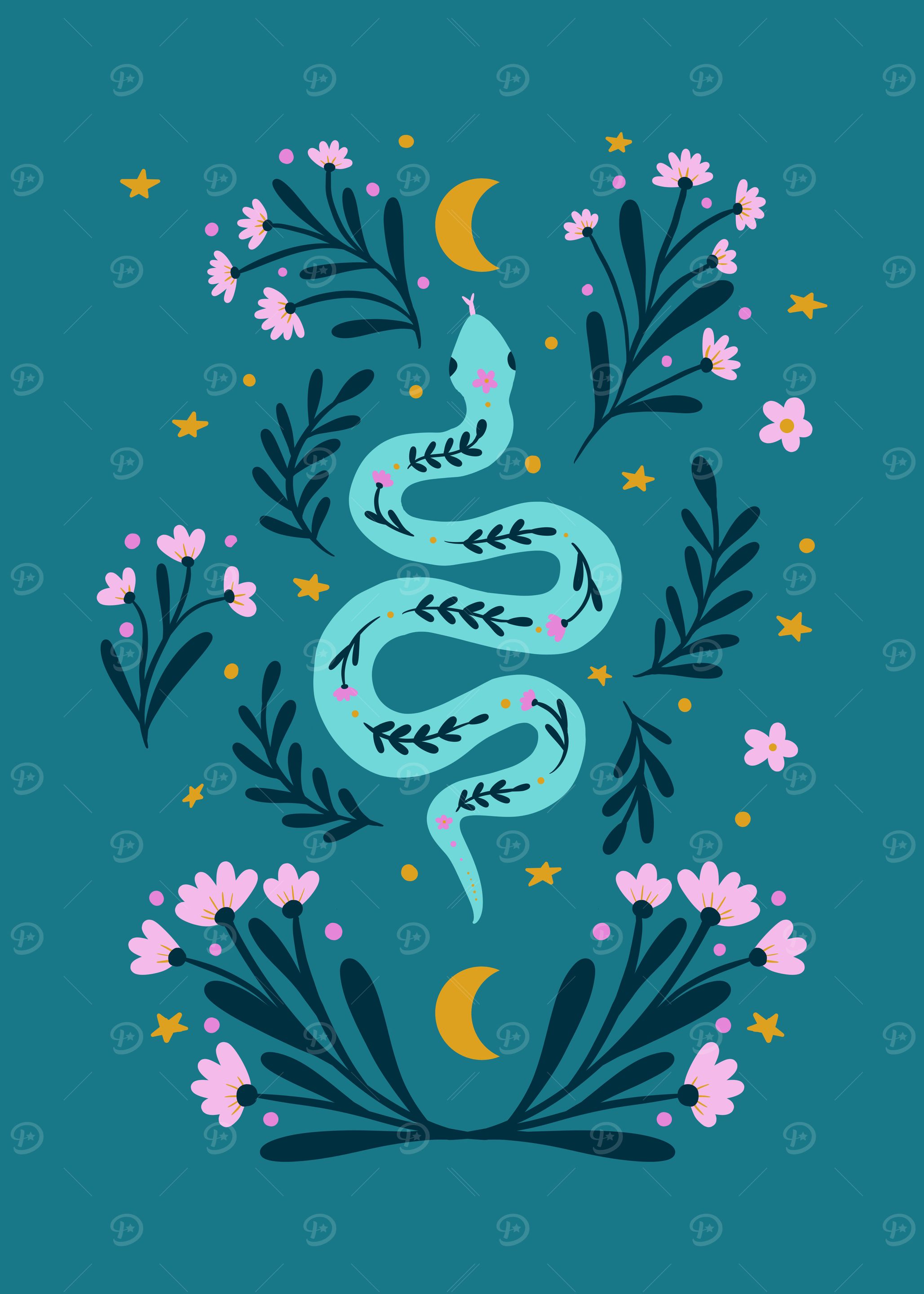 Snake and flowers - turquoise and pink