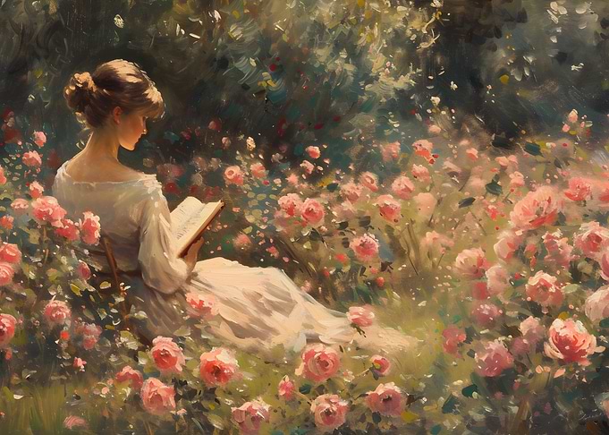 Woman Reading in Rose Garden
