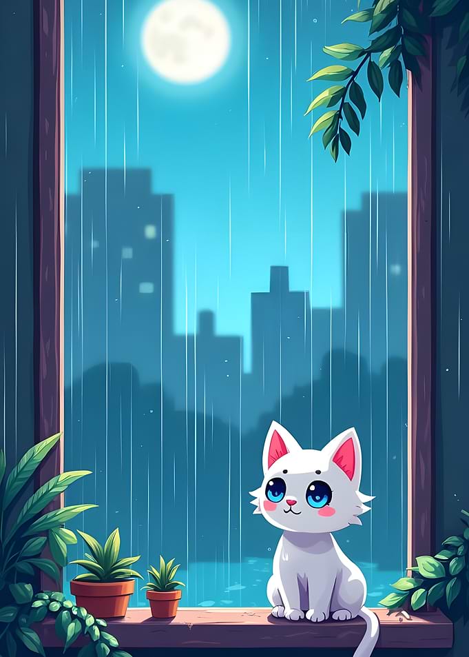Rainy Night Adorable White Cat & Kitten