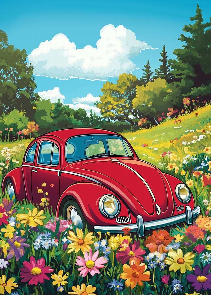 Red Beetle in Flower Field