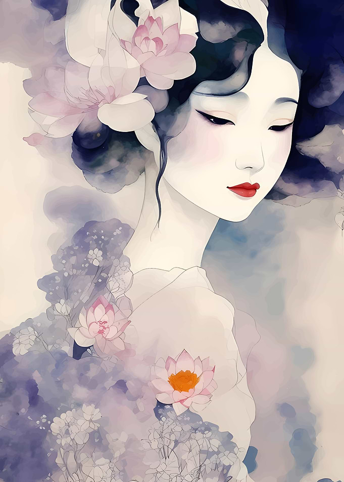 Watercolor Geisha with Flowers