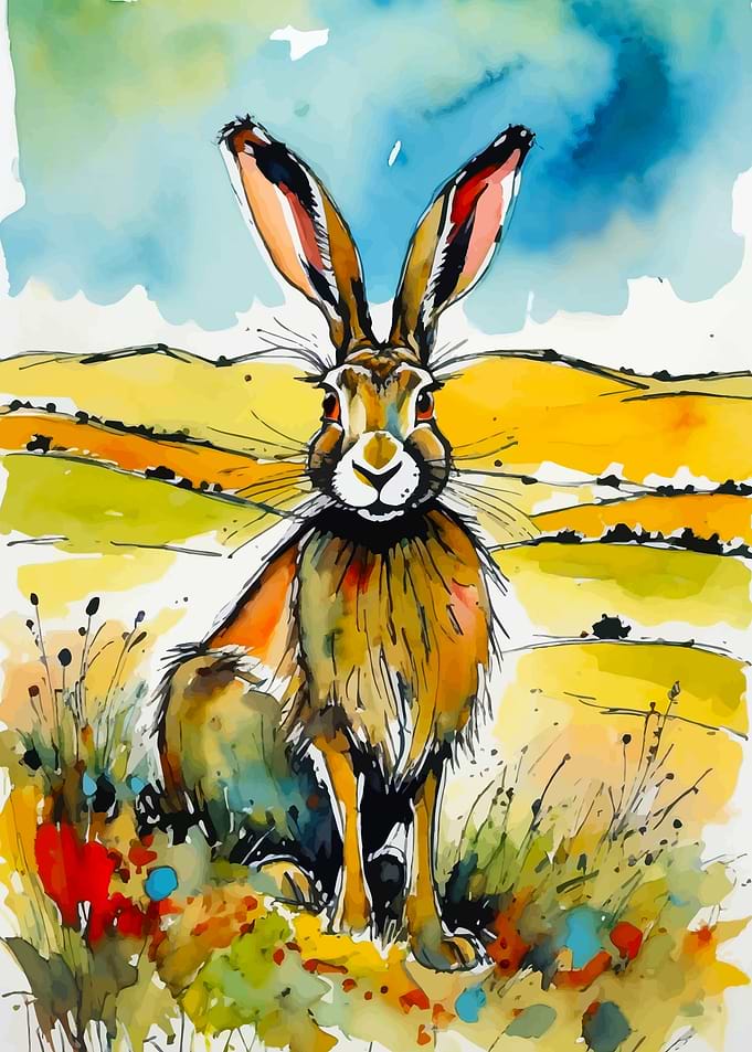 Watercolor Hare in Field