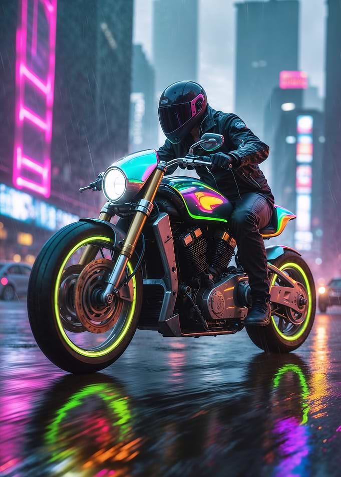 Neon Motorcycle in City Rain