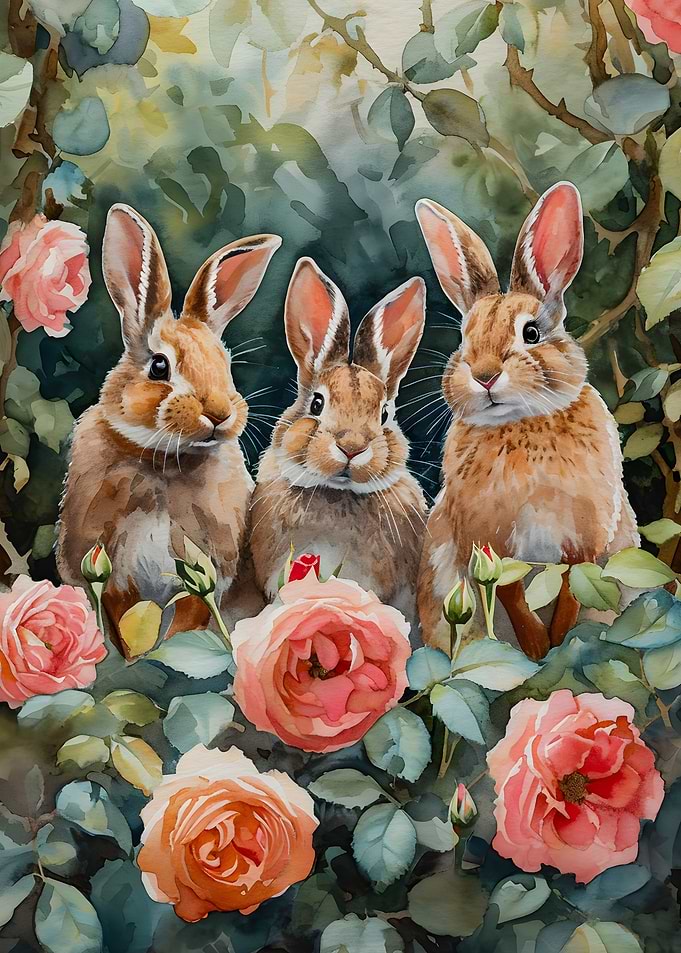 Three Bunnies in Roses Flopsy, Mopsy, Cottontail