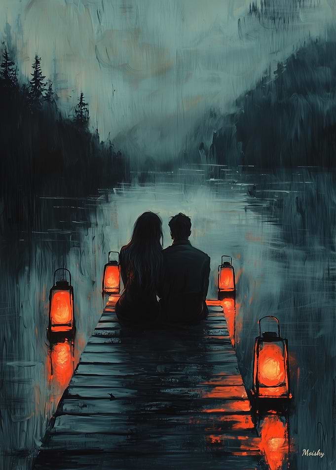 Romantic Couple on Dock with Lantern Glow at Dusk