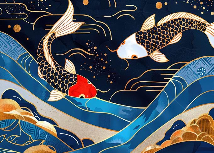 Koi Fish in Blue Waves