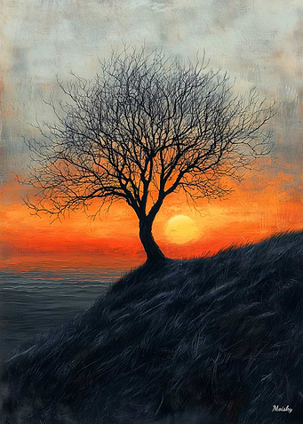Solitary Tree Sunset in Charcoal and Warm Tones