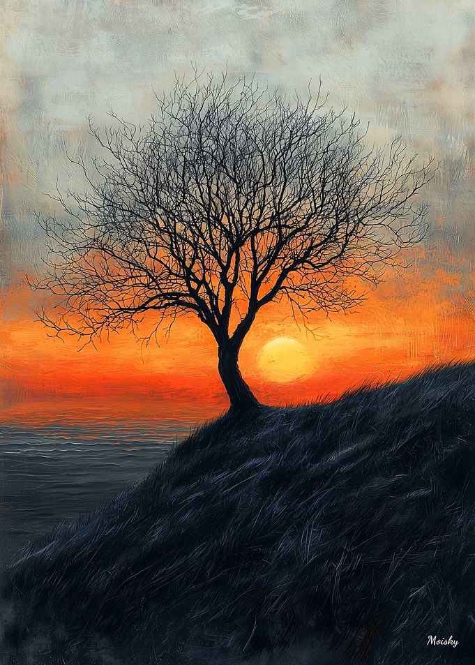 Solitary Tree Sunset in Charcoal and Warm Tones