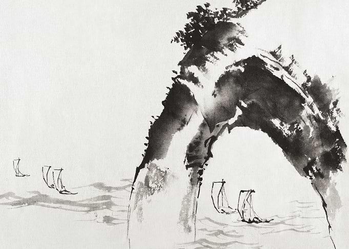 Ink Wash Seascape with Boats