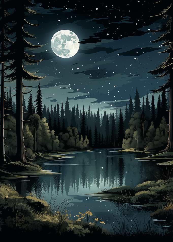 Moonlit Forest Lake