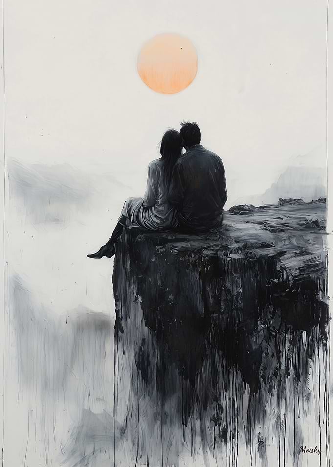 Couple on Clifftop with Serene Sunset Glow
