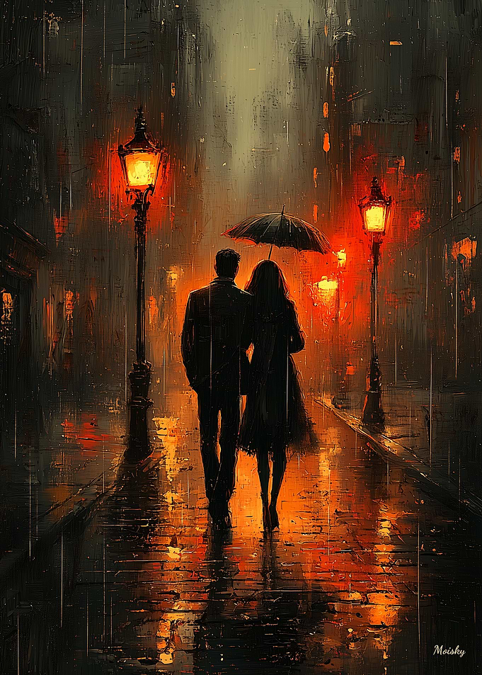 Romantic Rain Stroll in Charcoal Tones