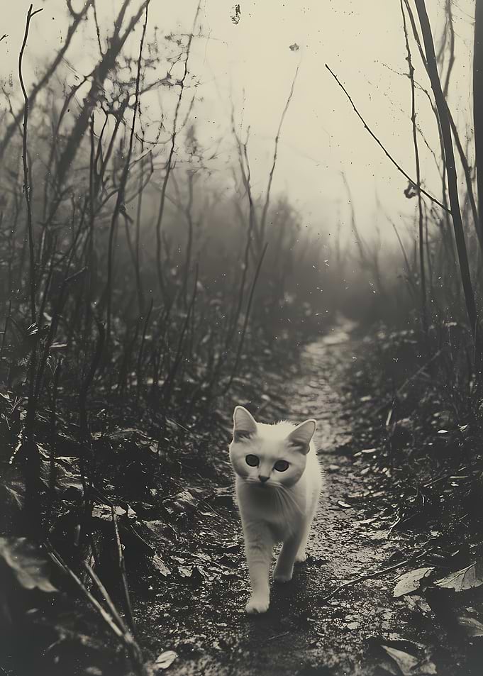 White Cat in Foggy Forest