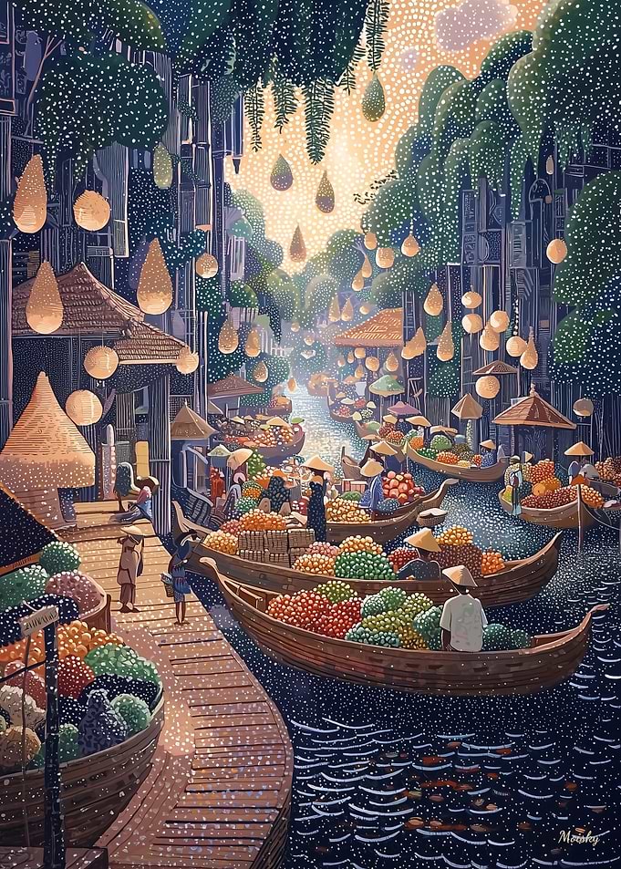 Floating Market Scene in Pointillist Style