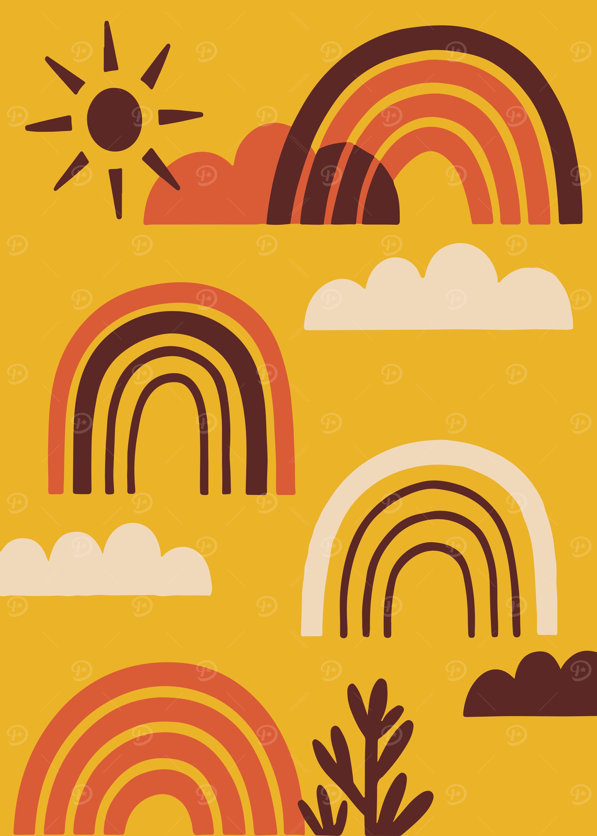 Retro Rainbow Sun and Clouds in Yellow