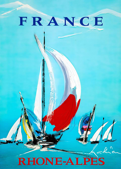 France Rhone-Alpes Sailboats — vintage travel poster on metal