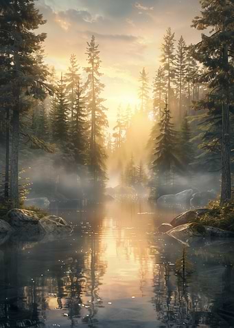 Misty Sunrise Over a Forest Lake