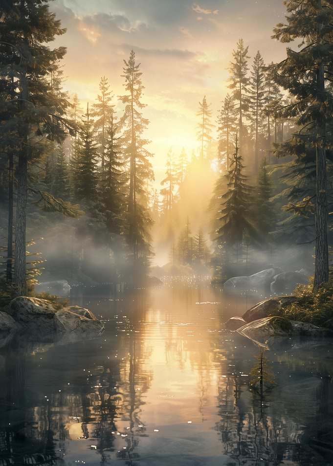 Misty Sunrise Over a Forest Lake