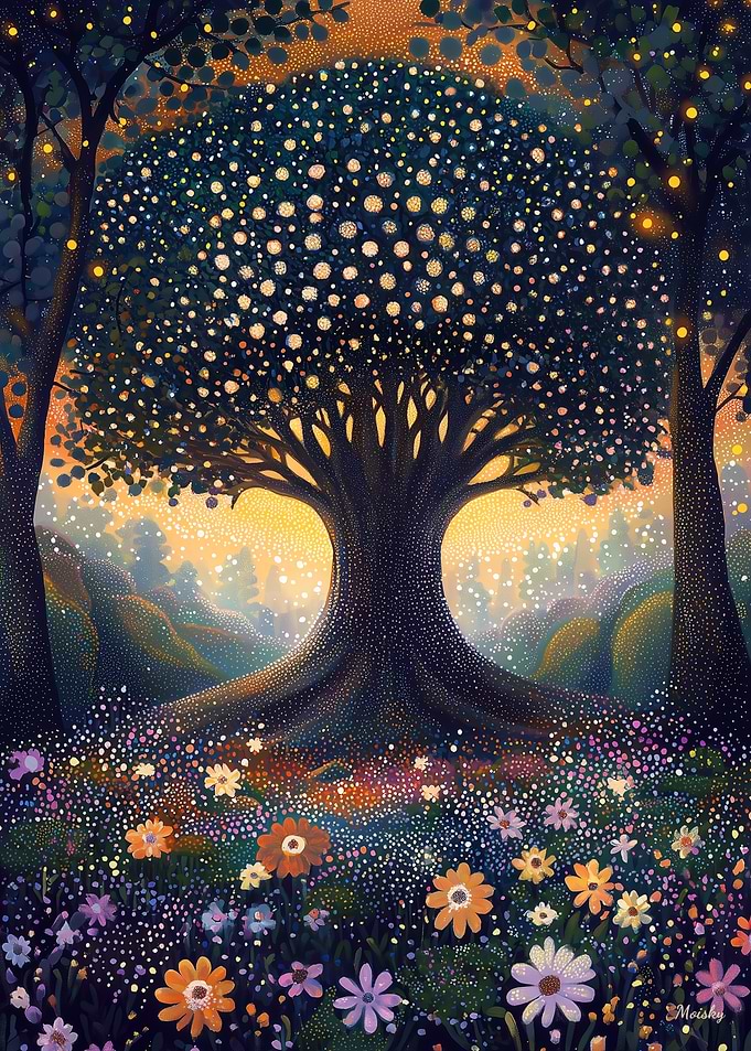 Enchanted Forest Tree in Pointillist Style