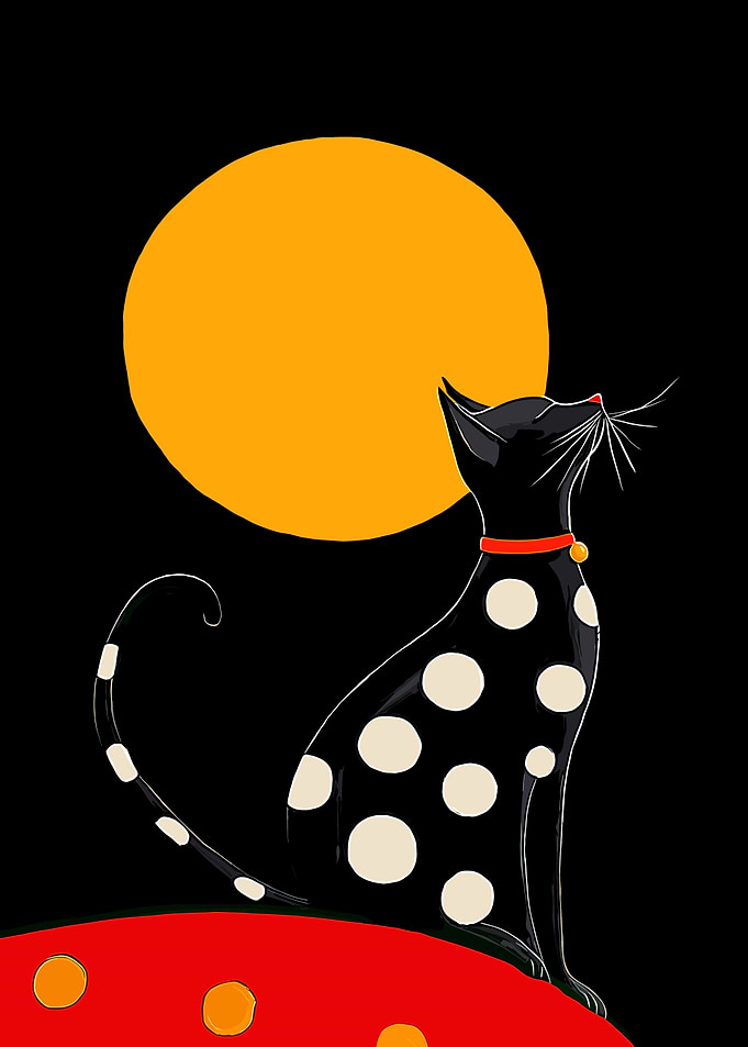 Polka Dot Cat Under Moon
