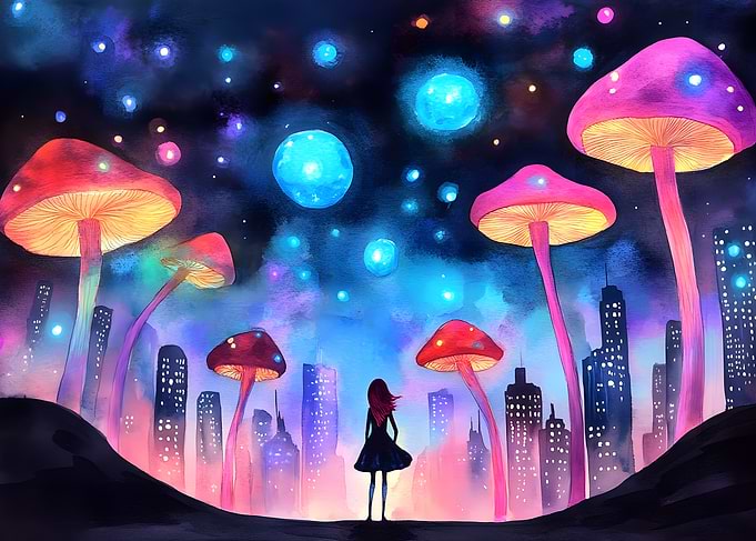 Dreamy Cityscape with Mushrooms