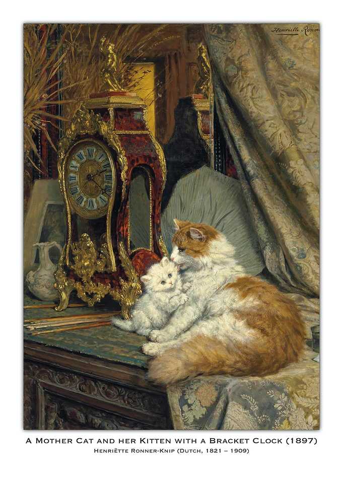 Mother Cat and Kitten with Clock