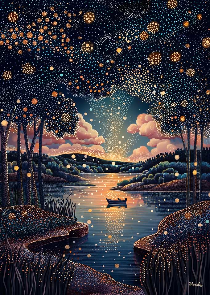 Starry Night River in Pointillist Style