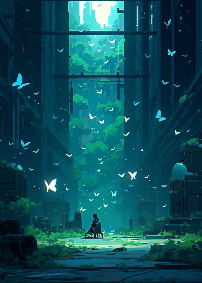 Lonely Figure in a City of Butterflies