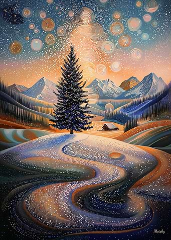 Starry Winter Tree in Pointillist Style