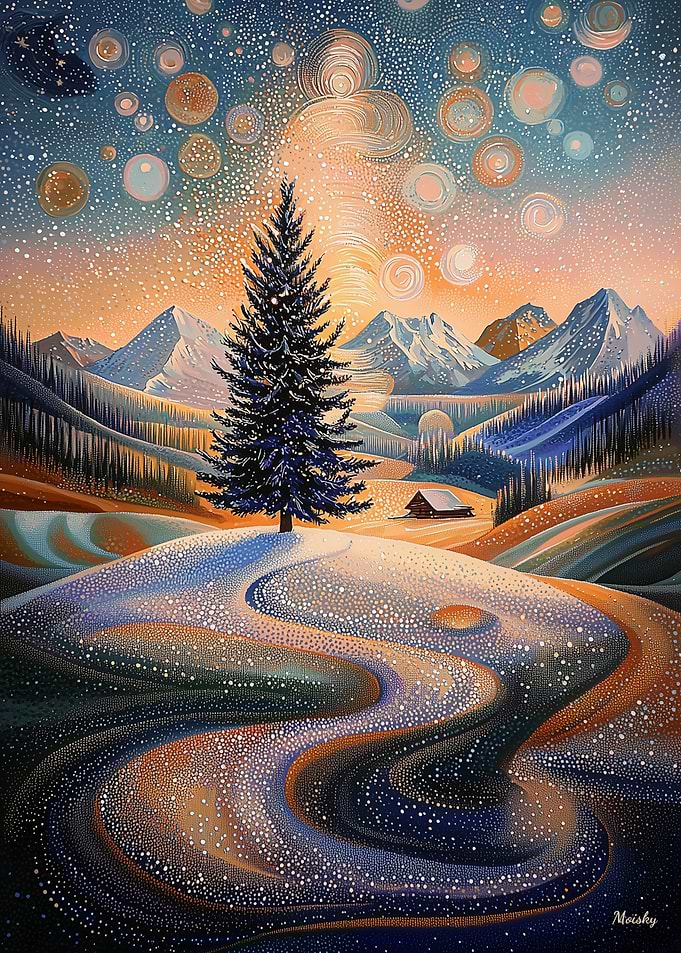 Starry Winter Tree in Pointillist Style