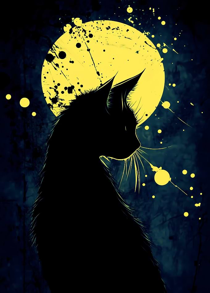 Black Cat Silhouette on a Yellow Moon