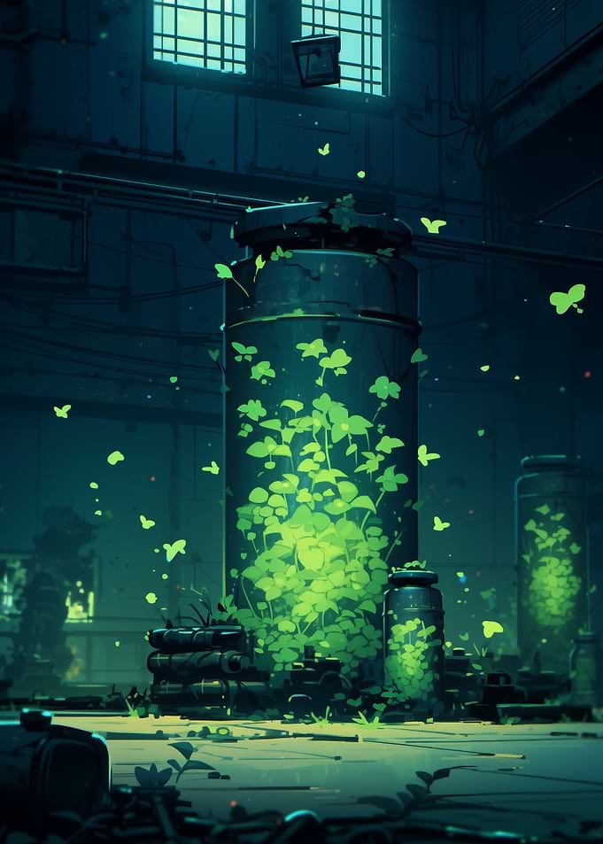 Glowing Plants in a Glass Cylinder