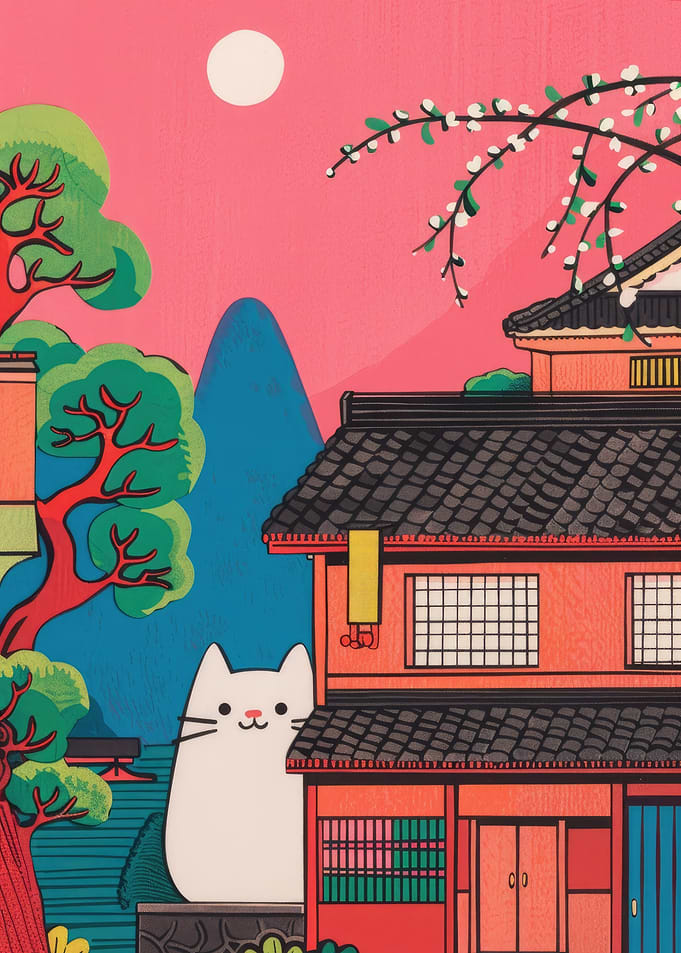 Japanese Cat on Street Illustration