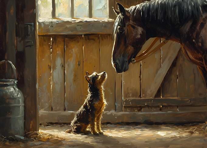 Horse and Dog in Stable