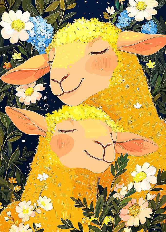 Sleeping Lambs in Flowers