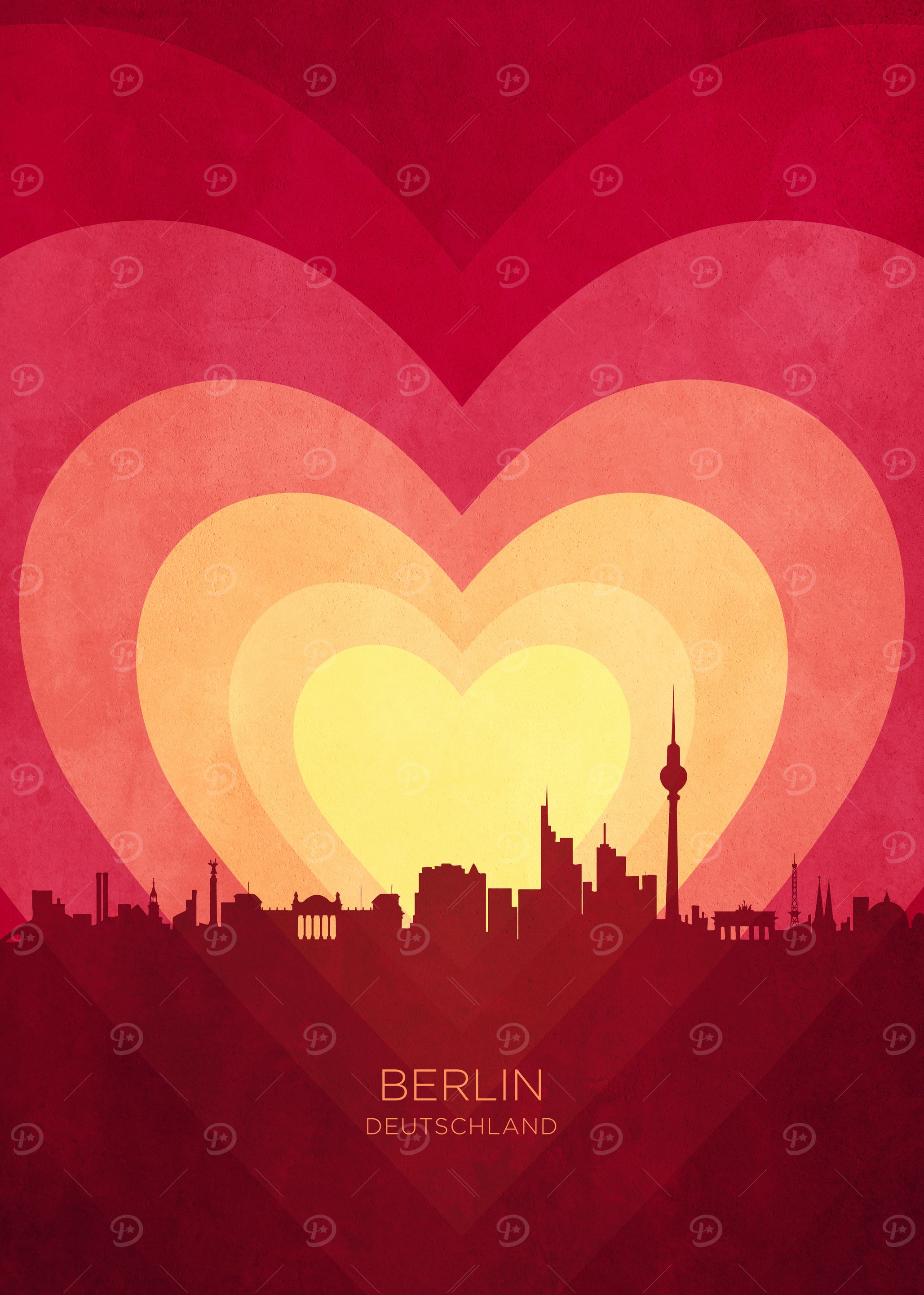 Berlin Germany Skyline Hearts Red Yellow