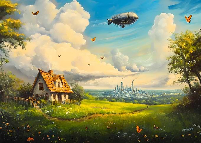 Airship Over Cottage and City