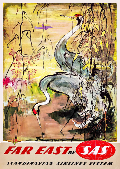 Far East by SAS Travel Poster — retro travel art printed on metal