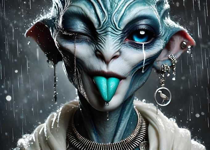 Blue-Skinned Alien in Rain