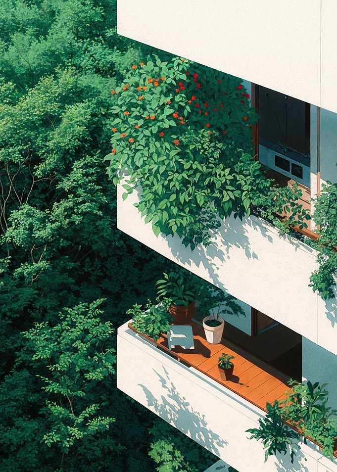 Cozy Japanese Anime Balcony in the lush green Forest in Tokyo