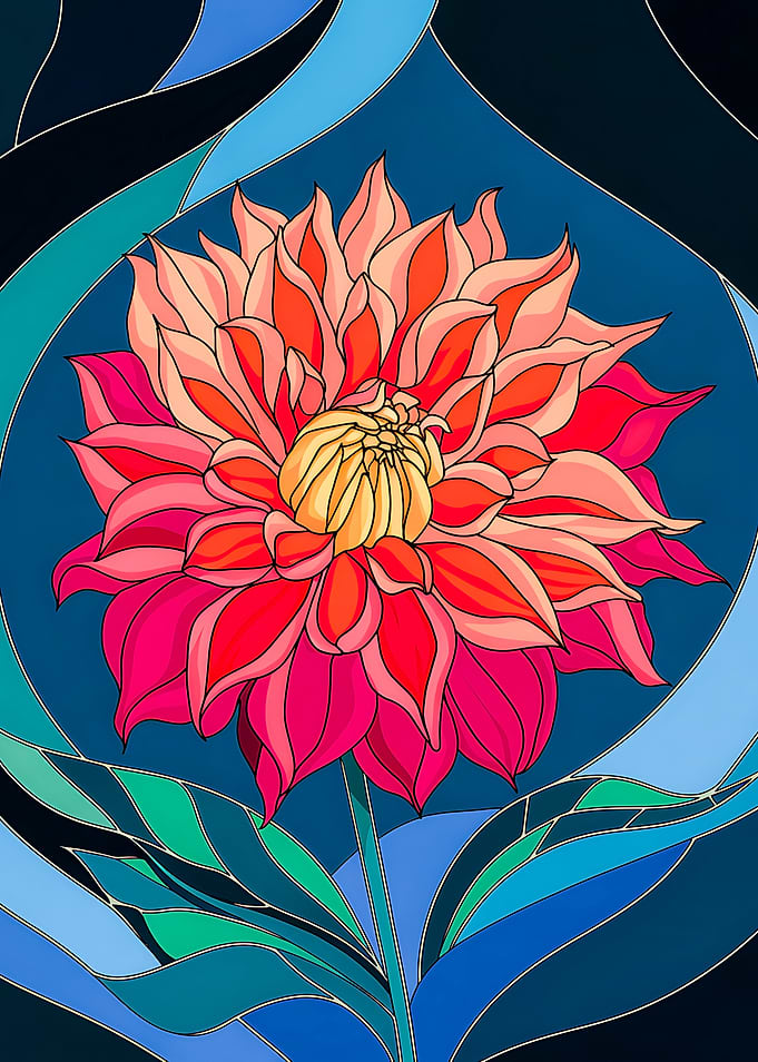 Dahlia Flower in Vibrant Stained Glass