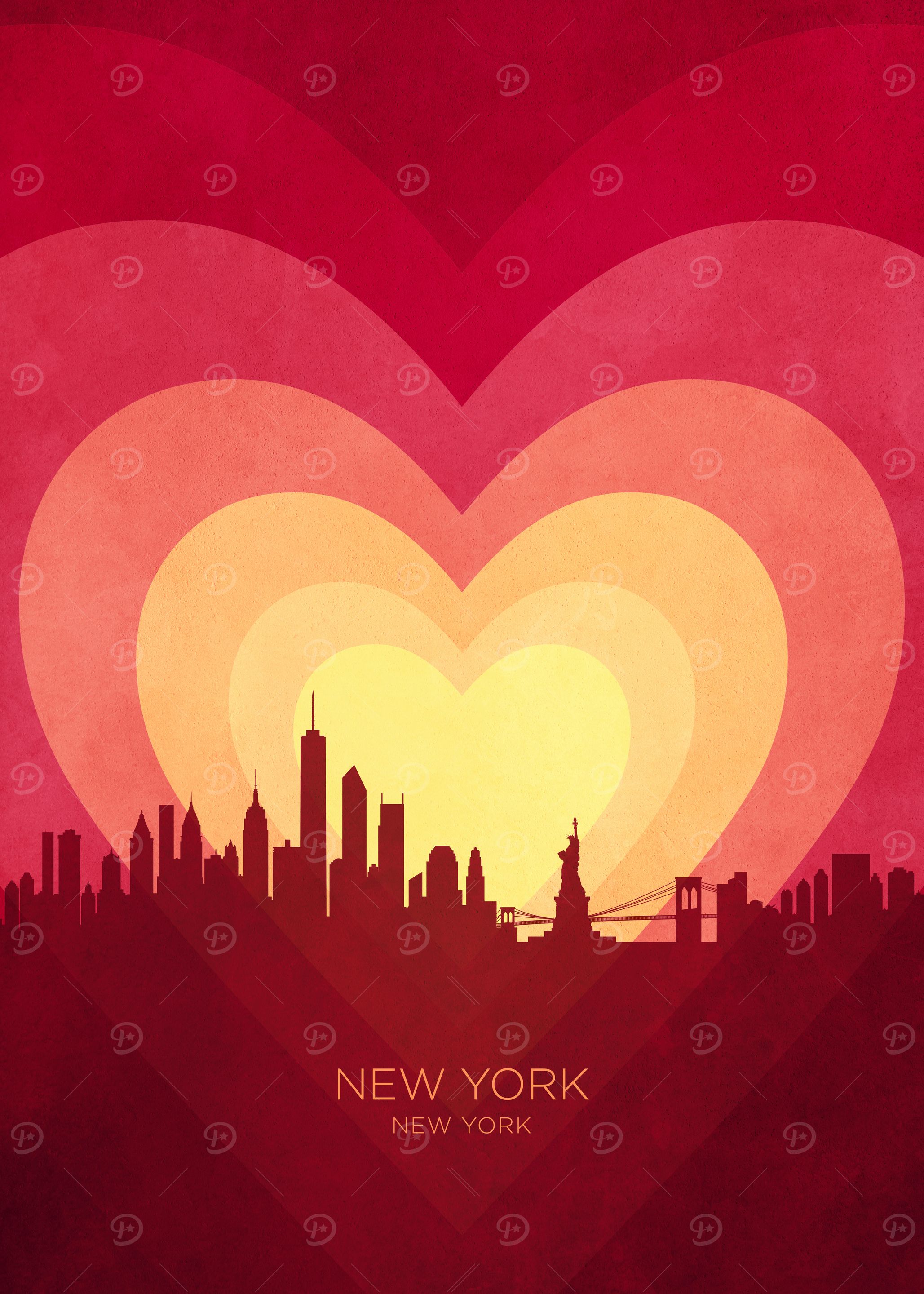 New York City Skyline Hearts Red Yellow